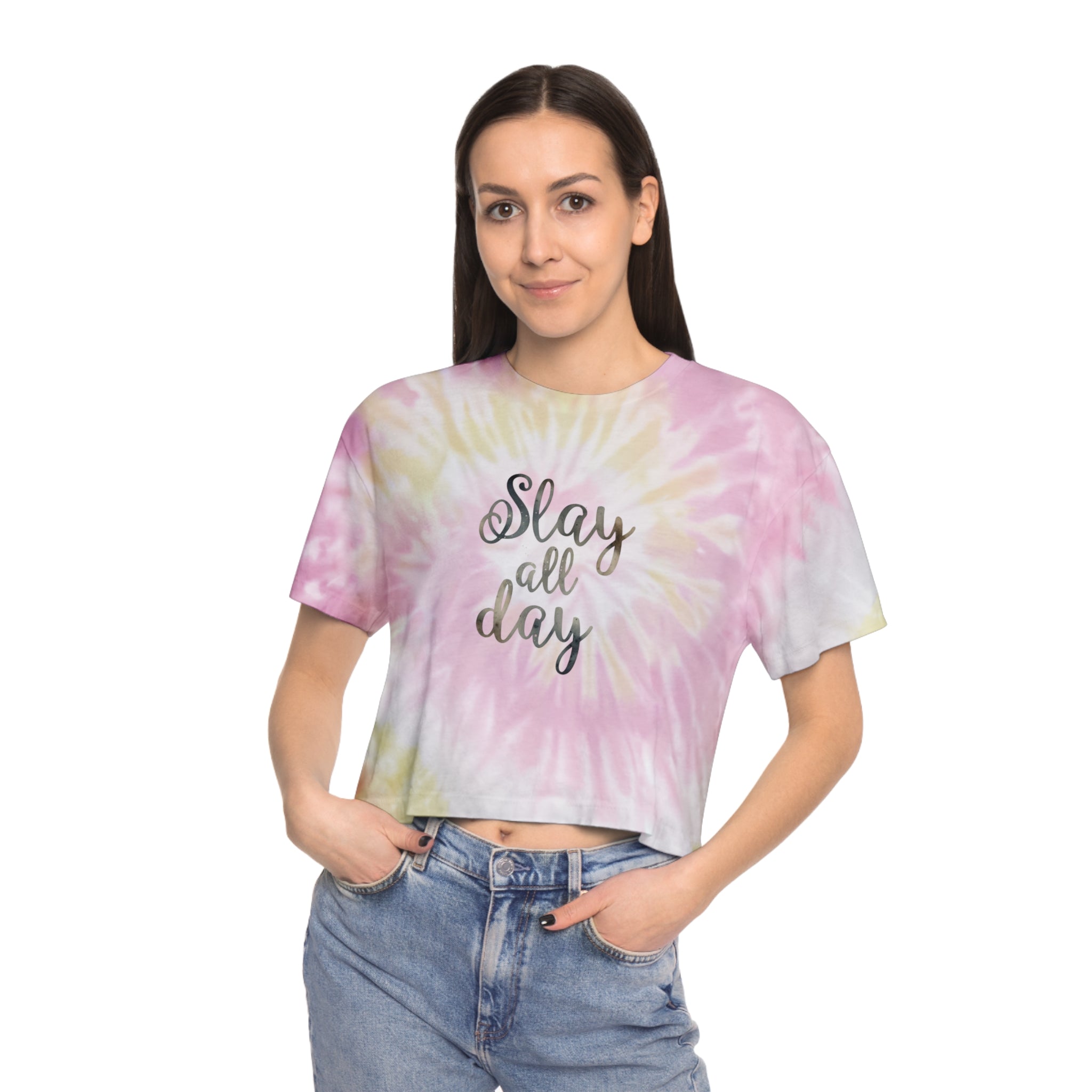 Slay All Day Tie Dye Crop Top - Women's Pastel Graphic Crop Tee