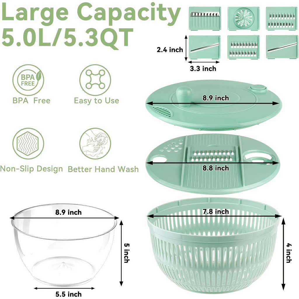 9-in-1 Salad Spinner & Slicer — Wash, Slice & Dry in ONE Bowl | Large 5.3 Qt | BPA-Free