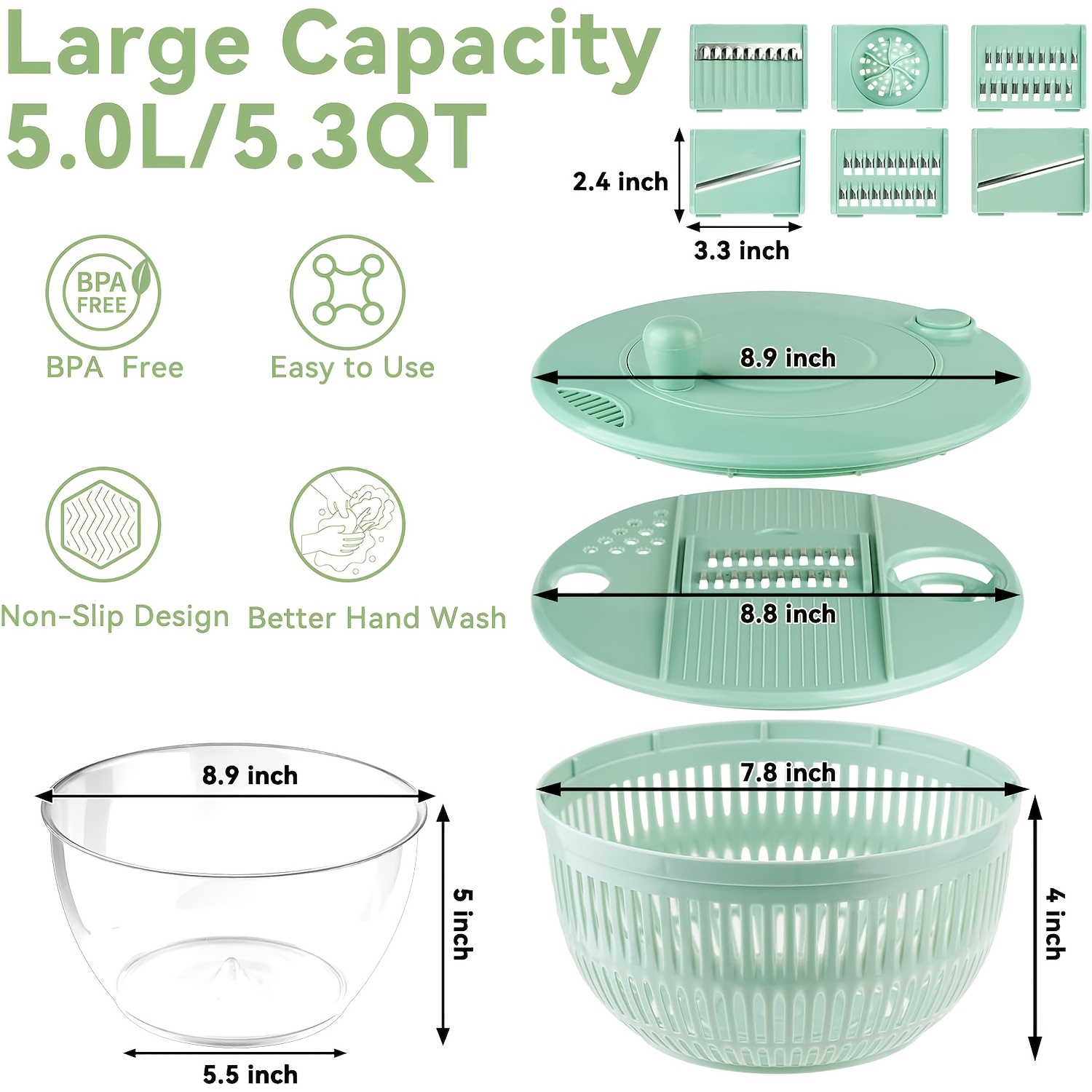 9-in-1 Salad Spinner & Slicer — Wash, Slice & Dry in ONE Bowl | Large 5.3 Qt | BPA-Free