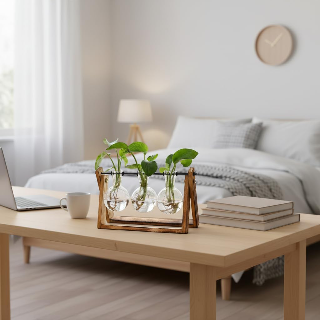 3-Bulb Desktop Plant Terrarium - Retro Wooden Propagation Station for Home & Office Decor