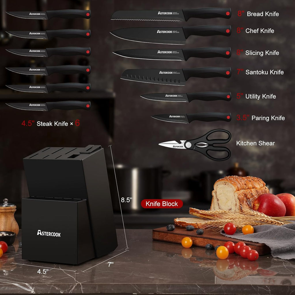 15-Piece German Stainless Steel Kitchen Knife Set with Built-in Sharpener Block | Dishwasher Safe Professional Chef Knife Set for Home Kitchen