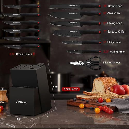 15-Piece German Stainless Steel Kitchen Knife Set with Built-in Sharpener Block | Dishwasher Safe Professional Chef Knife Set for Home Kitchen