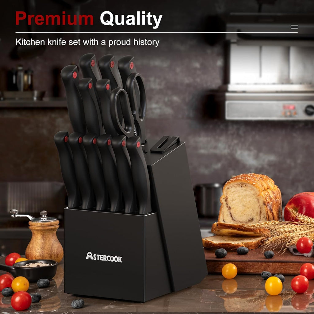 15-Piece German Stainless Steel Kitchen Knife Set with Built-in Sharpener Block | Dishwasher Safe Professional Chef Knife Set for Home Kitchen