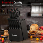 15-Piece German Stainless Steel Kitchen Knife Set with Built-in Sharpener Block | Dishwasher Safe Professional Chef Knife Set for Home Kitchen