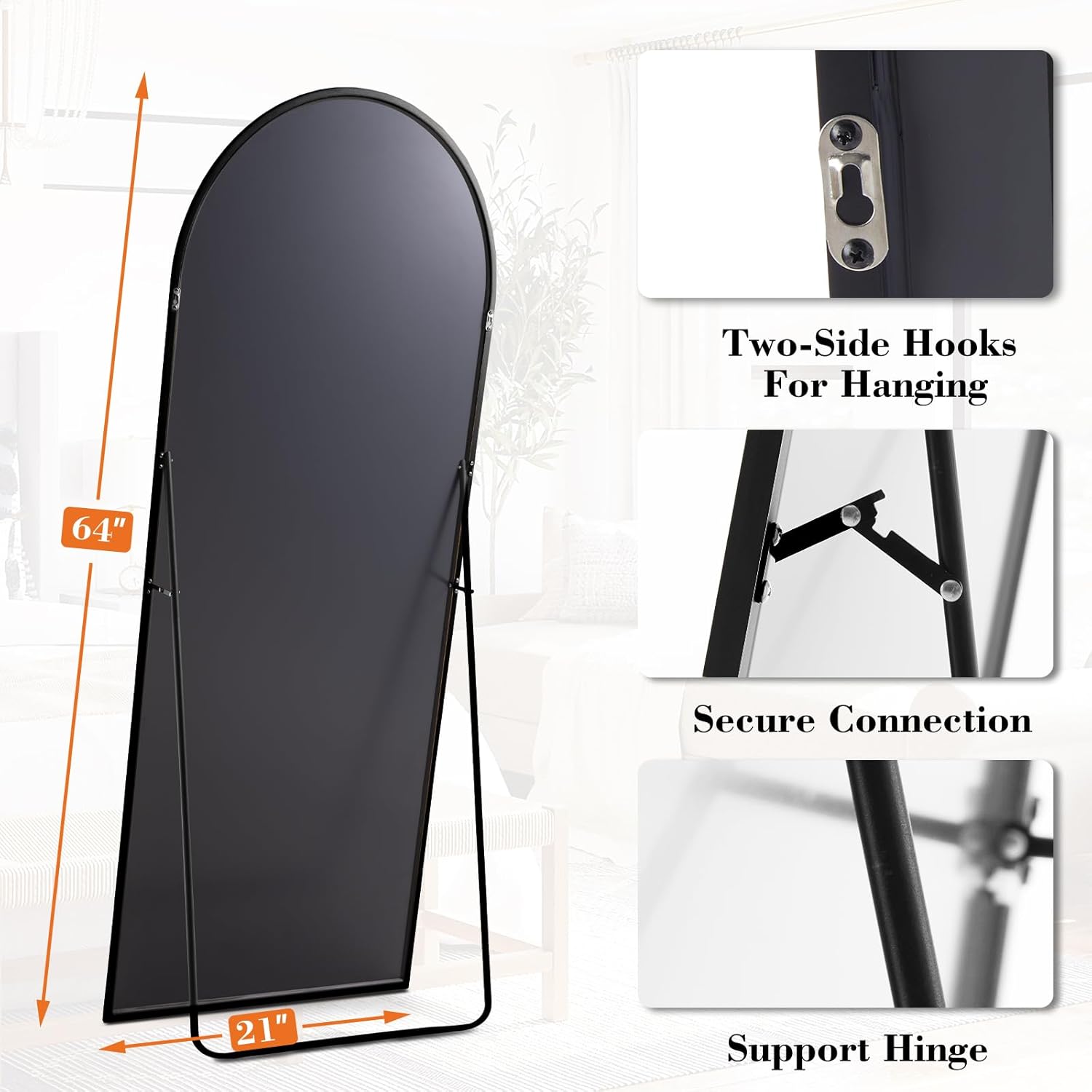 DUMOS 64"x21" Arched Full Length Mirror - Modern Aluminum Frame Floor Mirror