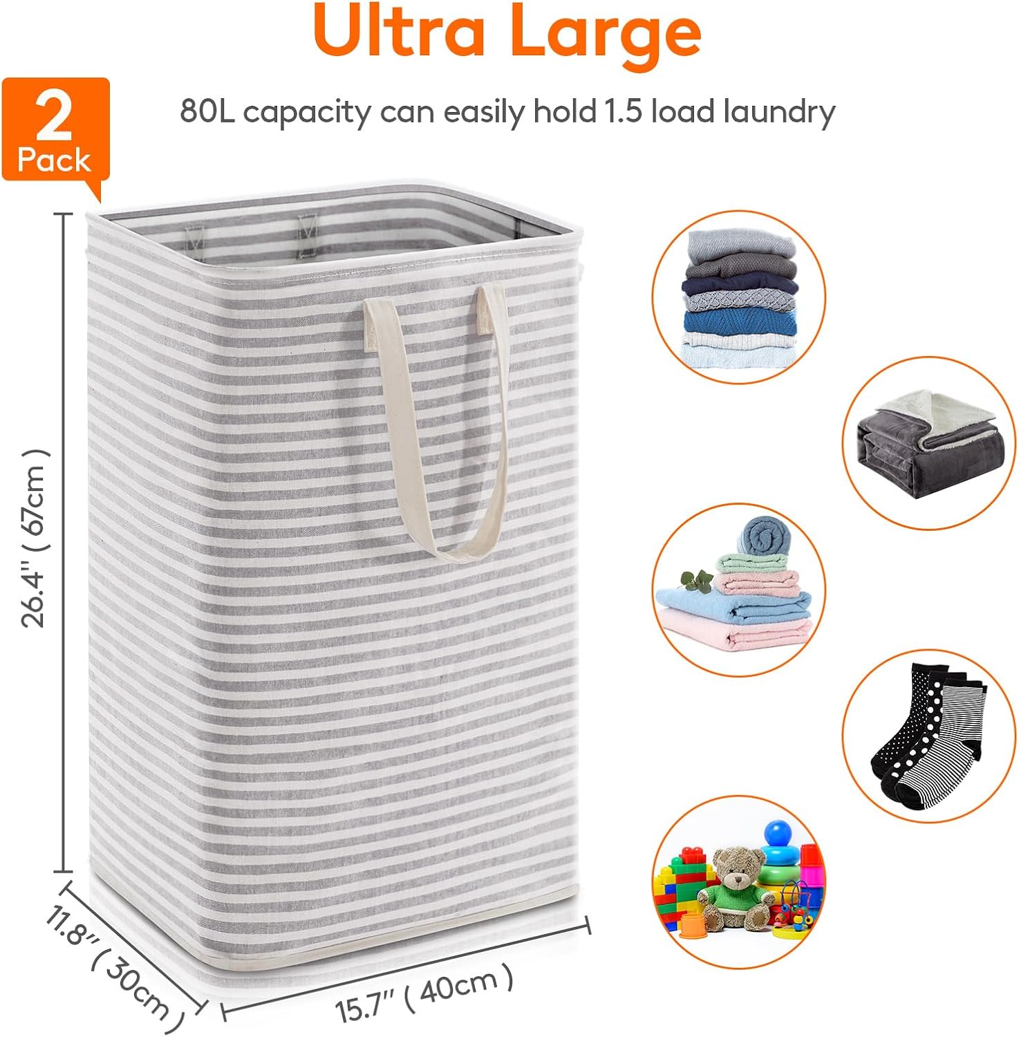 Pack of 2 Laundry Basket 80L Each, Collapsible Clothes Hamper - Large Freestanding Clothes Storage Bin