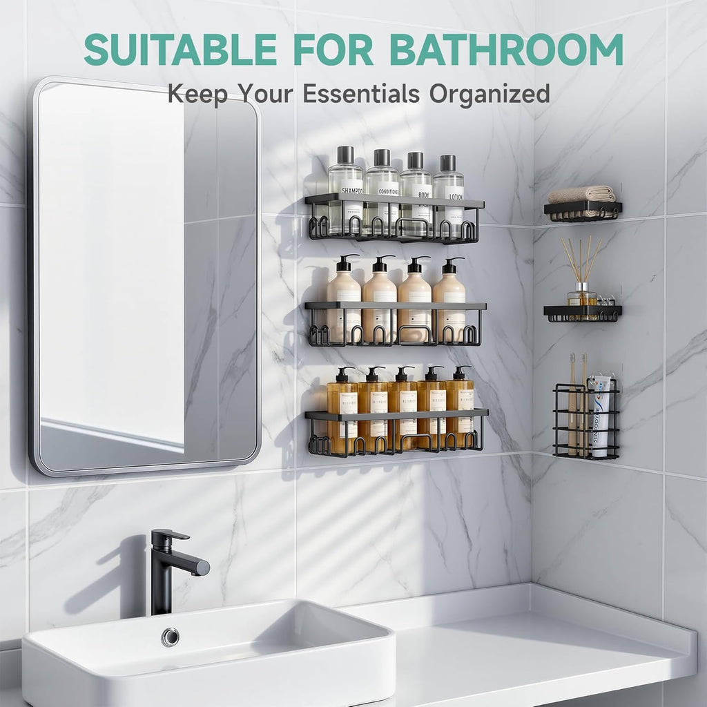 Pack of 5 Adhesive Shower Caddy Organizer - Rustproof Stainless Steel Bathroom Storage Shelves