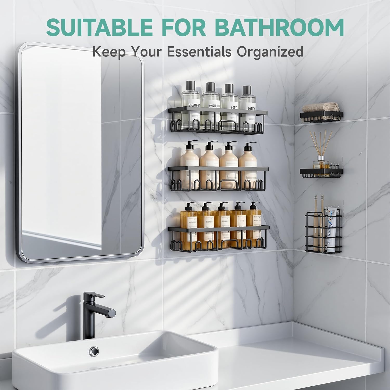 Pack of 5 Adhesive Shower Caddy Organizer - Rustproof Stainless Steel Bathroom Storage Shelves
