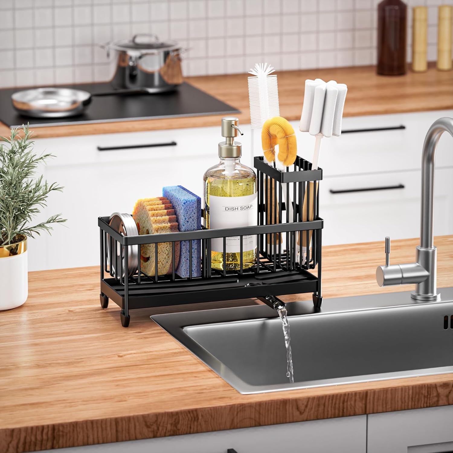 Kitchen Sink Organizer with High Brush Holder - 9.25" Black Caddy
