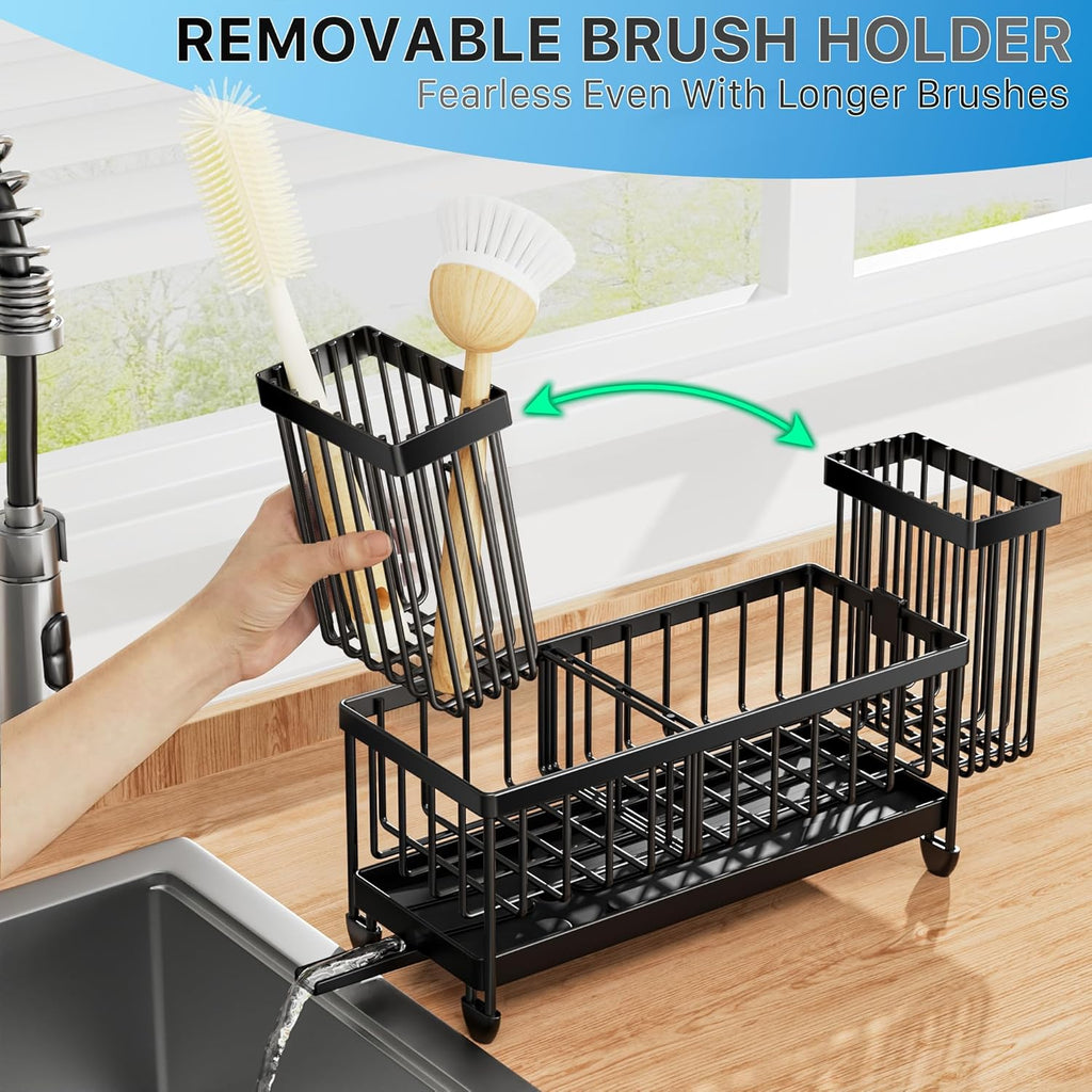 Kitchen Sink Organizer with High Brush Holder - 9.25" Black Caddy