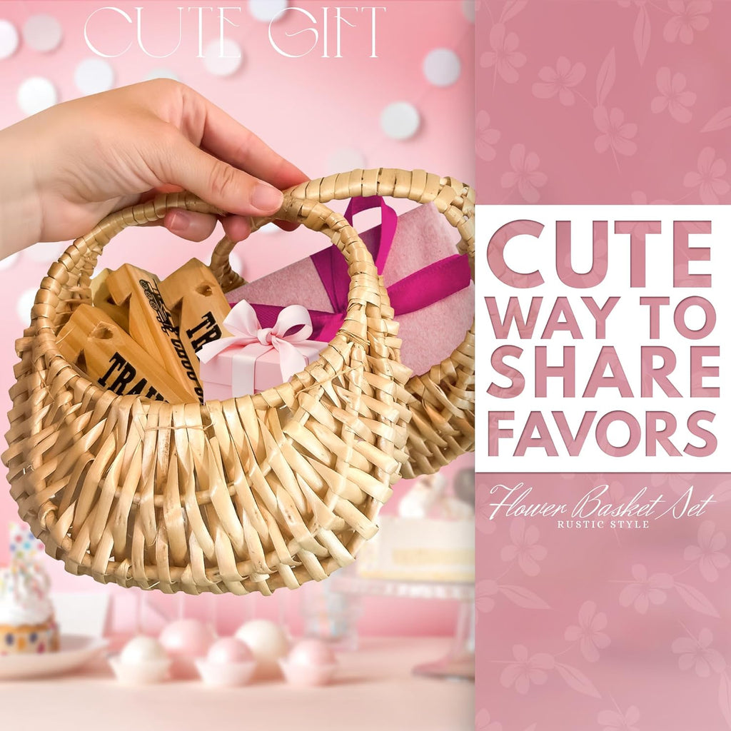 Small Wicker Flower Girl Baskets (Set of 2) - Mini Rattan Baskets with Handles & Liner