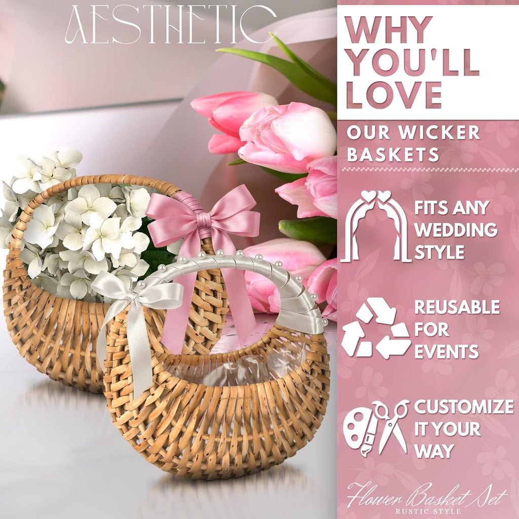 Small Wicker Flower Girl Baskets (Set of 2) - Mini Rattan Baskets with Handles & Liner