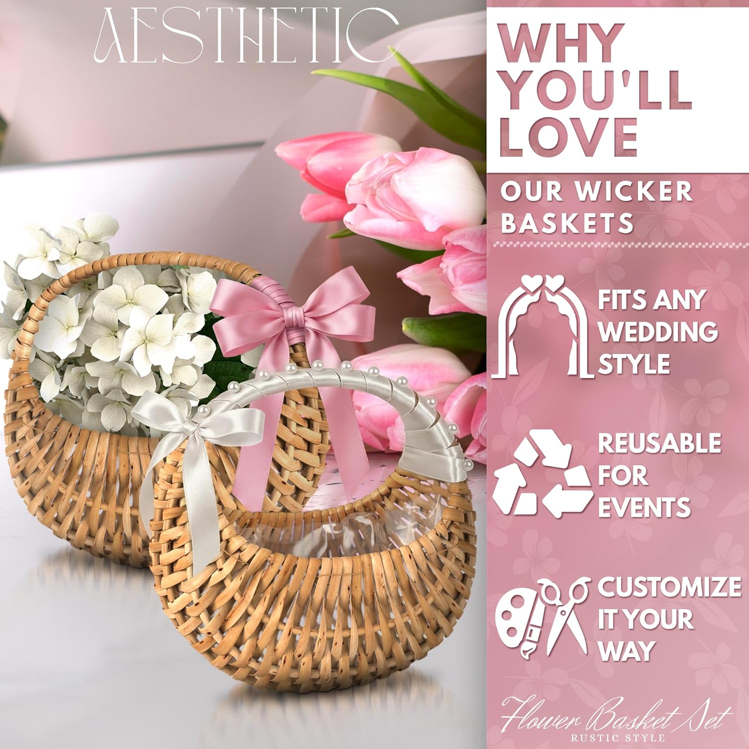 Small Wicker Flower Girl Baskets (Set of 2) - Mini Rattan Baskets with Handles & Liner