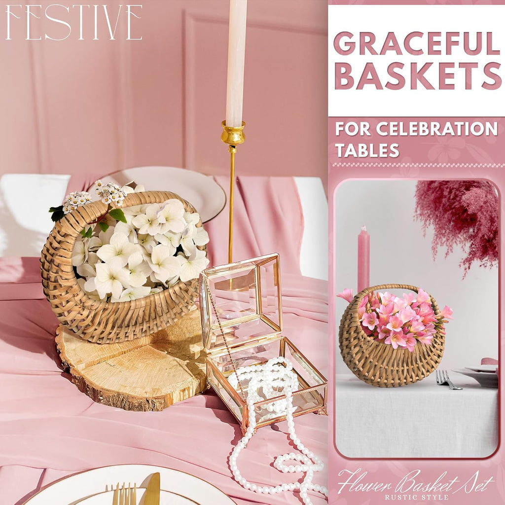 Small Wicker Flower Girl Baskets (Set of 2) - Mini Rattan Baskets with Handles & Liner