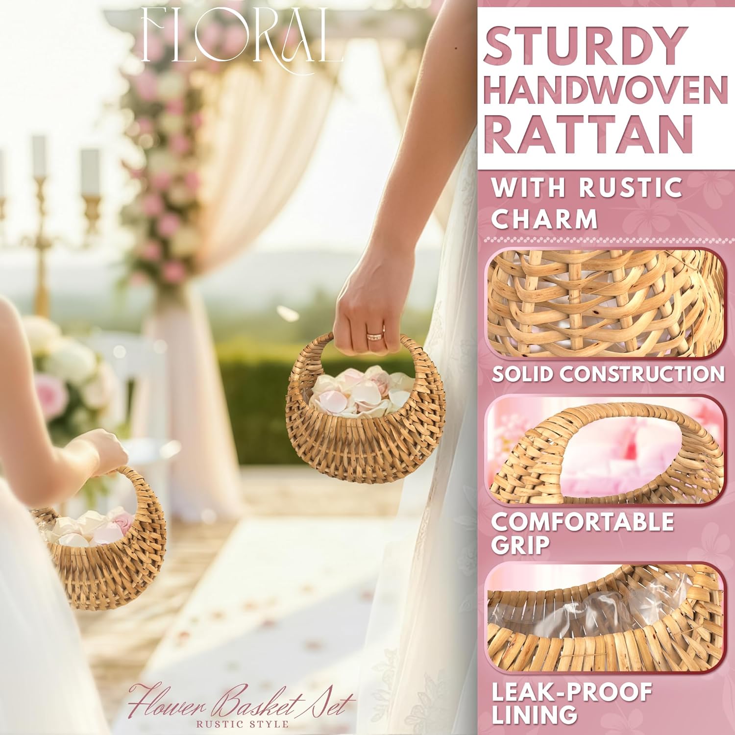 Small Wicker Flower Girl Baskets (Set of 2) - Mini Rattan Baskets with Handles & Liner