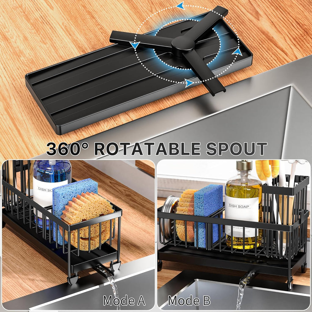 Kitchen Sink Organizer with High Brush Holder - 9.25" Black Caddy