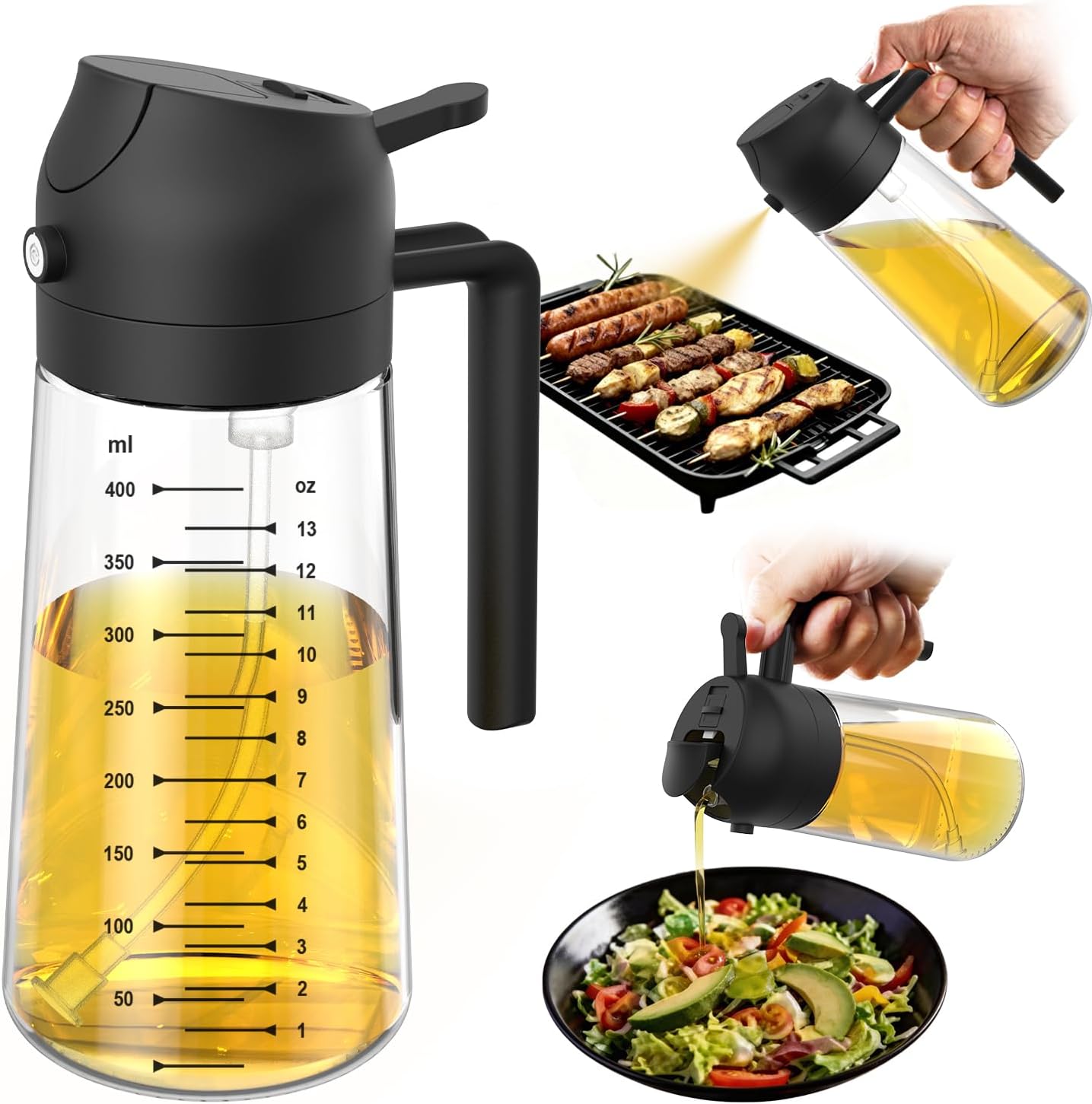 2 in 1 Olive Oil Sprayer & Dispenser - 16oz Glass Bottle for Cooking