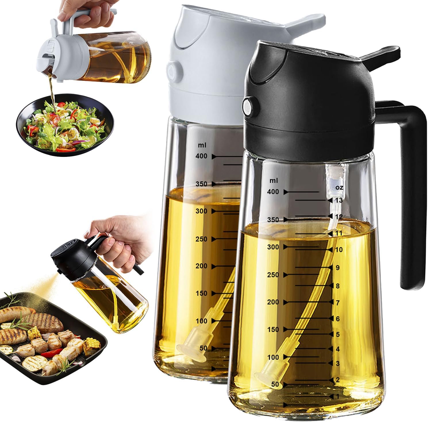 2 in 1 Olive Oil Sprayer & Dispenser - 16oz Glass Bottle for Cooking