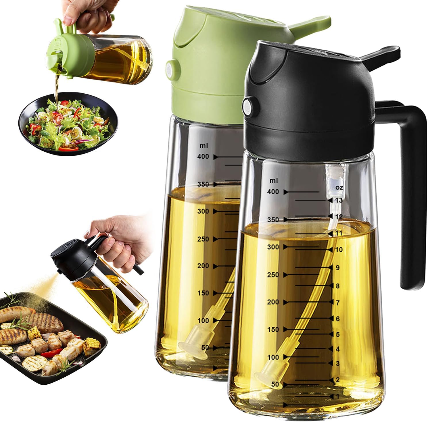 2 in 1 Olive Oil Sprayer & Dispenser - 16oz Glass Bottle for Cooking