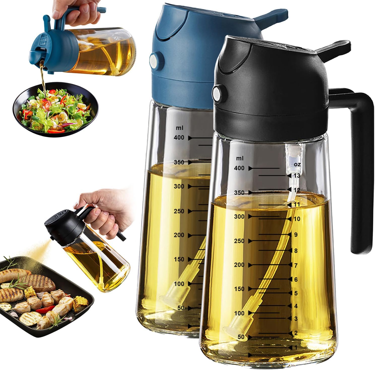 2 in 1 Olive Oil Sprayer & Dispenser - 16oz Glass Bottle for Cooking