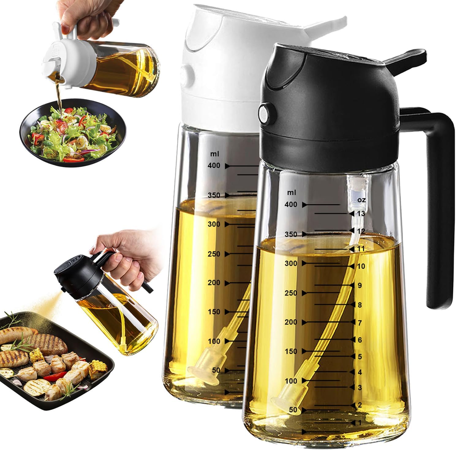 2 in 1 Olive Oil Sprayer & Dispenser - 16oz Glass Bottle for Cooking