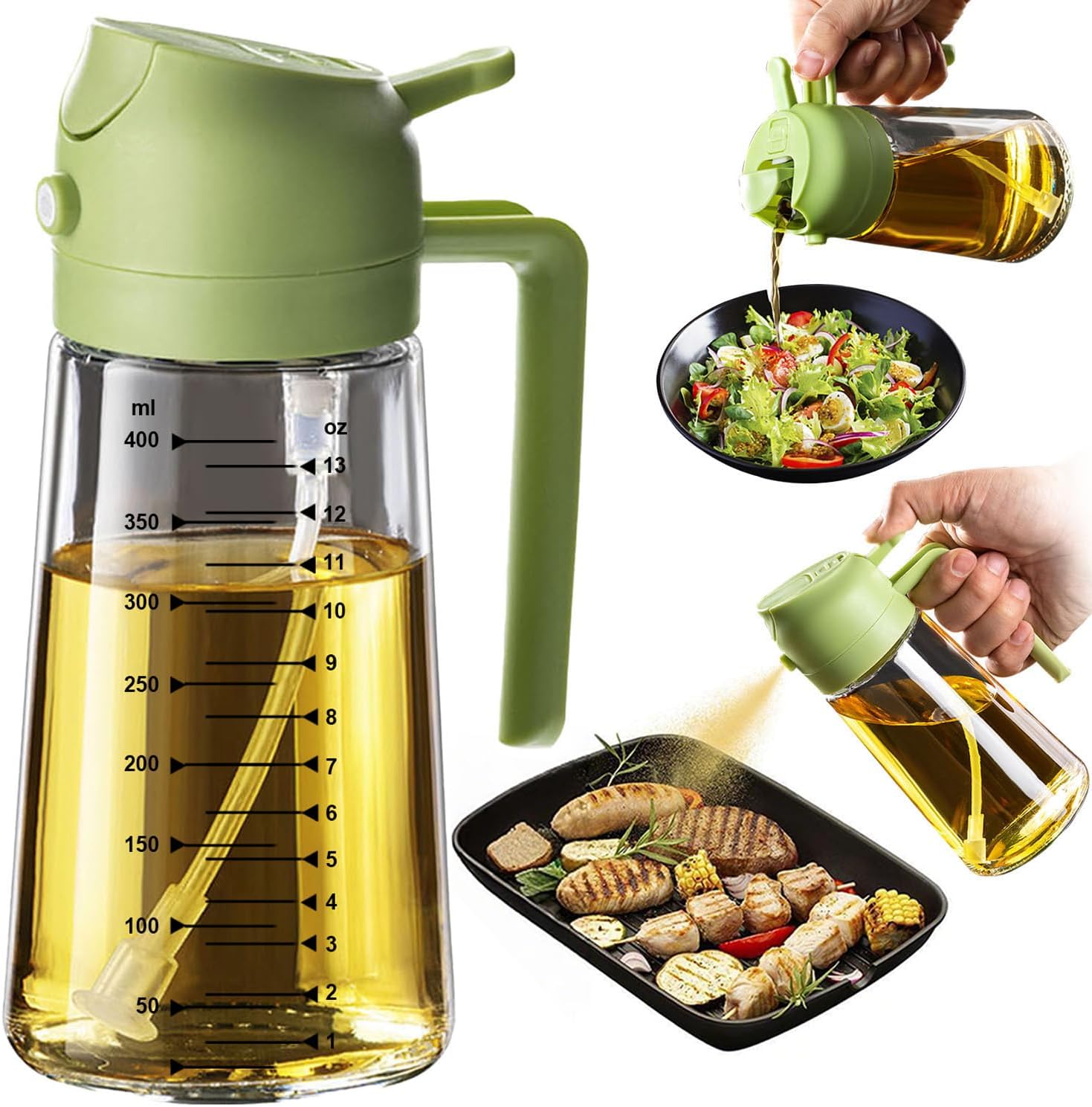 2 in 1 Olive Oil Sprayer & Dispenser - 16oz Glass Bottle for Cooking