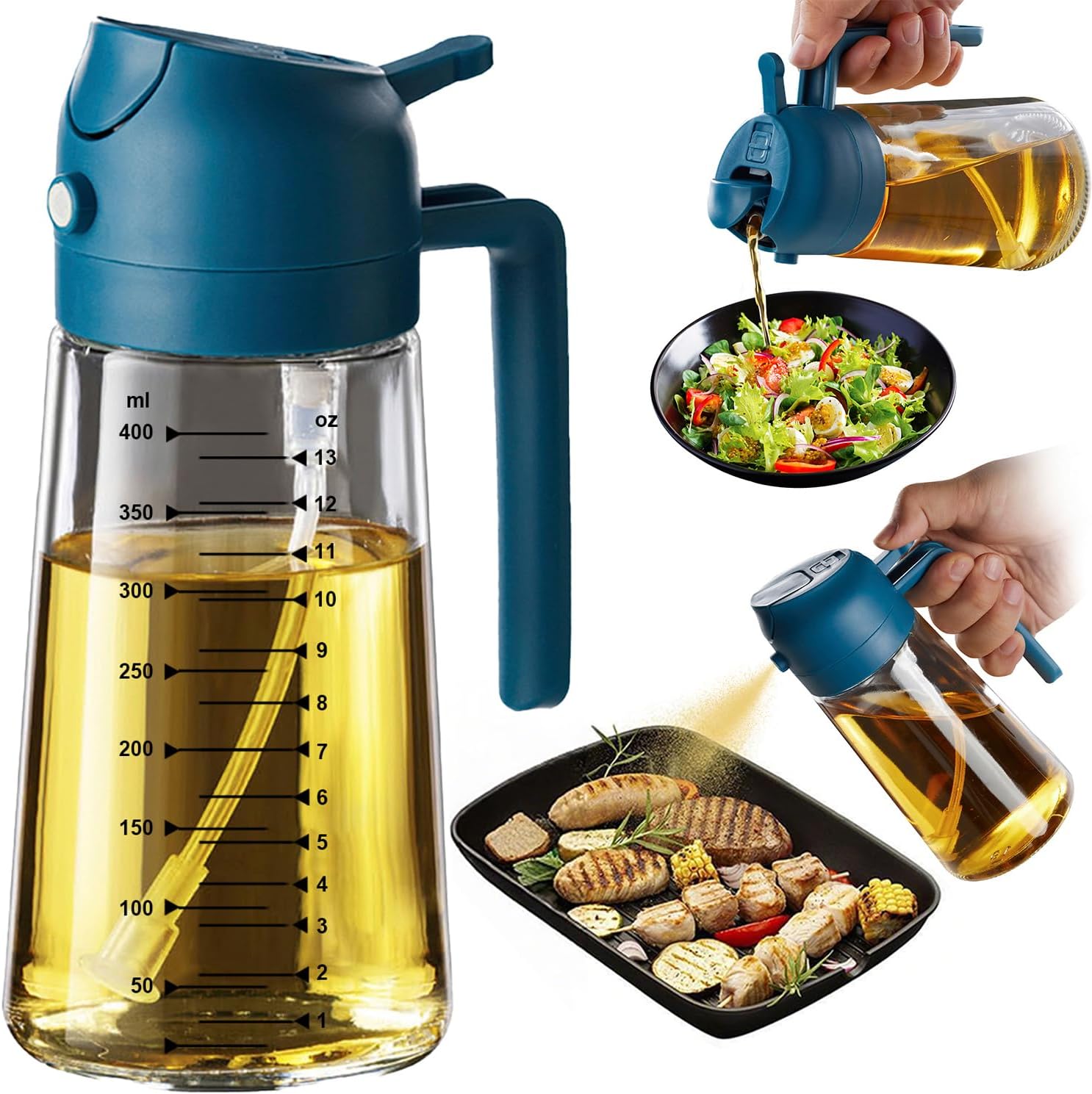 2 in 1 Olive Oil Sprayer & Dispenser - 16oz Glass Bottle for Cooking