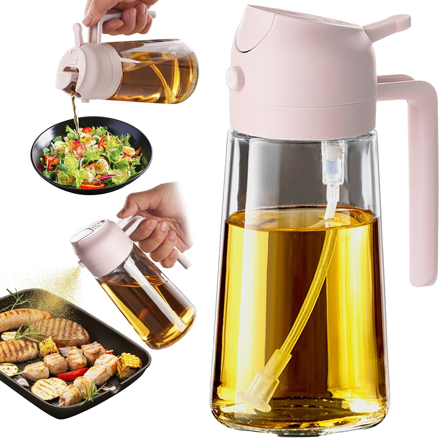 2 in 1 Olive Oil Sprayer & Dispenser - 16oz Glass Bottle for Cooking