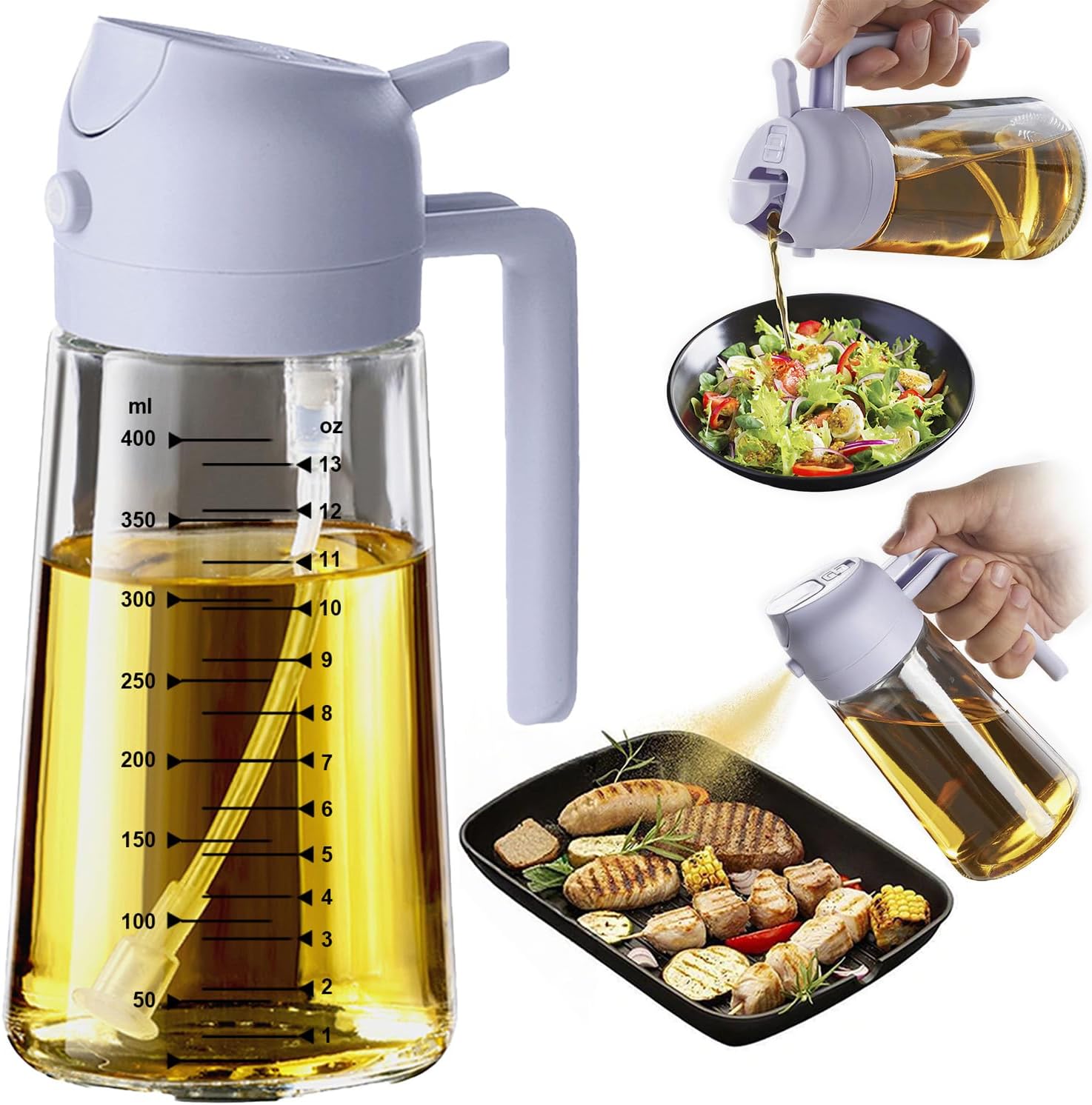2 in 1 Olive Oil Sprayer & Dispenser - 16oz Glass Bottle for Cooking