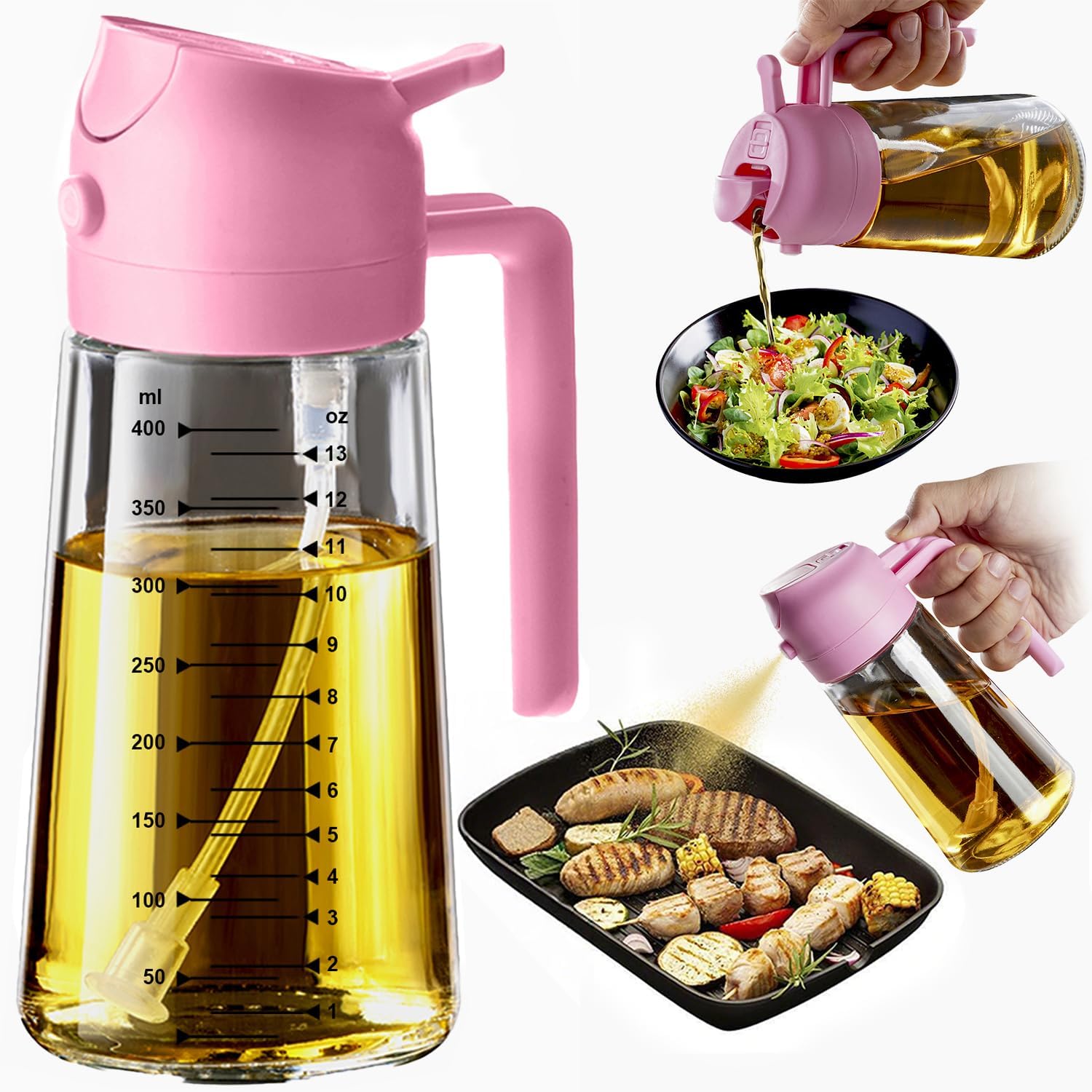 2 in 1 Olive Oil Sprayer & Dispenser - 16oz Glass Bottle for Cooking