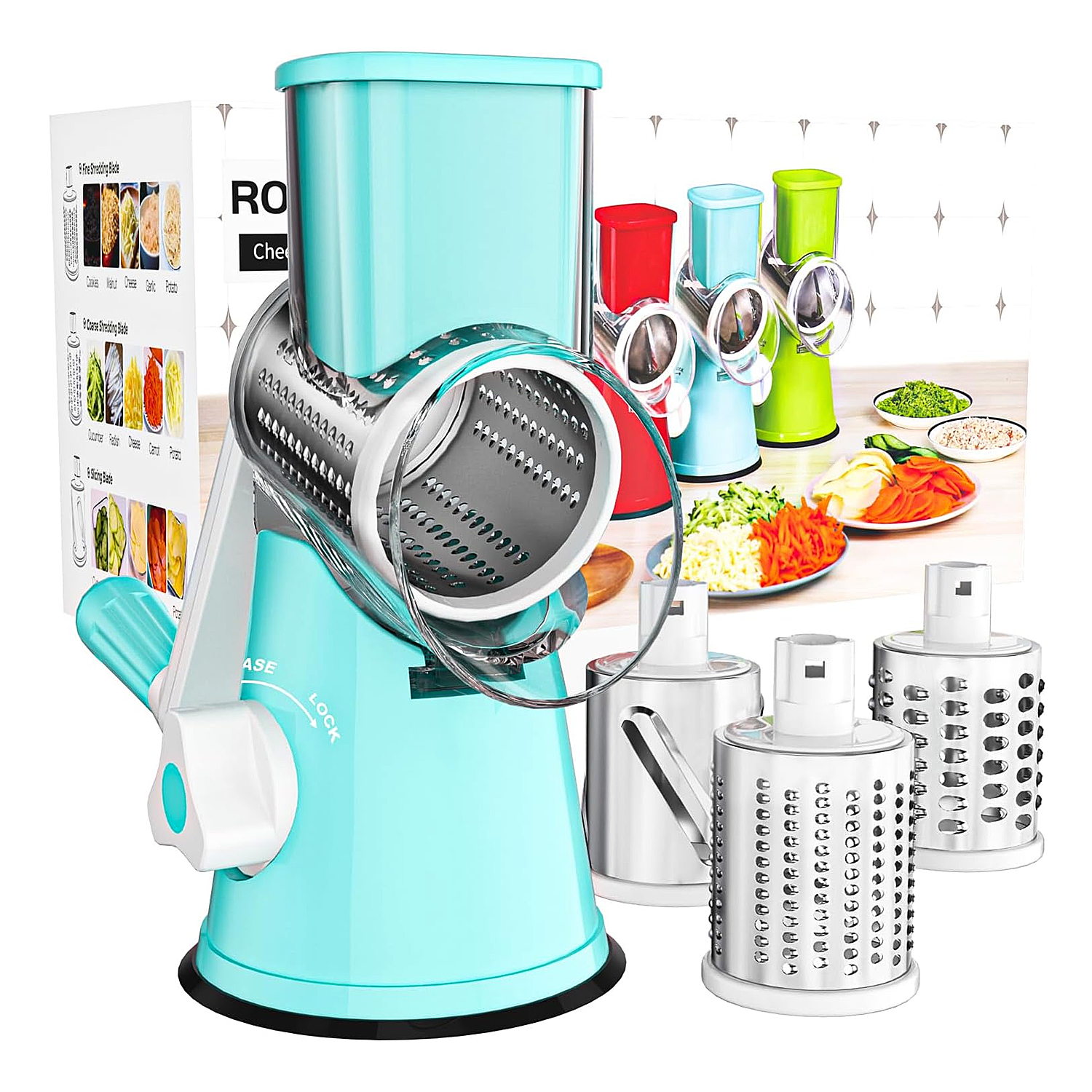 Rotary Cheese Grater & Vegetable Slicer with Strong Suction Base