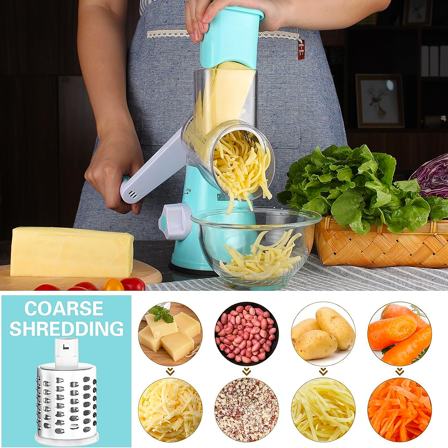 Rotary Cheese Grater & Vegetable Slicer with Strong Suction Base