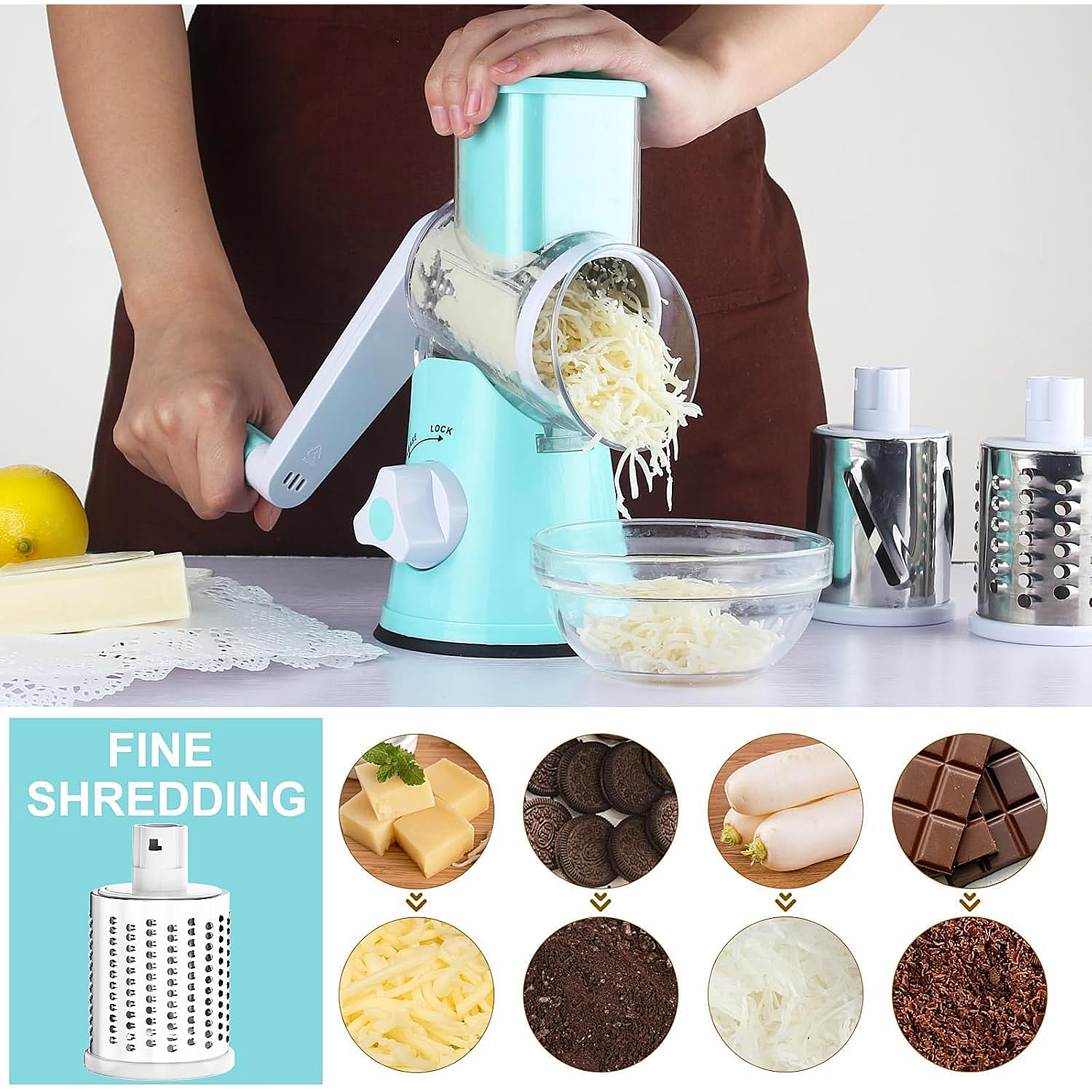 Rotary Cheese Grater & Vegetable Slicer with Strong Suction Base