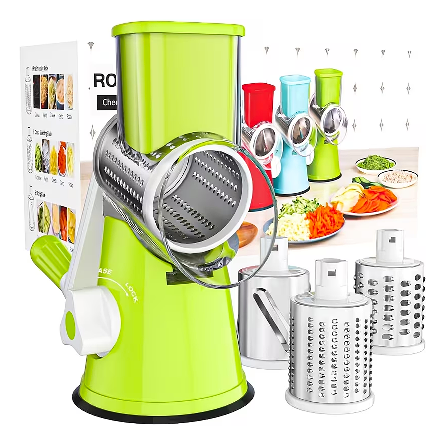 Rotary Cheese Grater & Vegetable Slicer with Strong Suction Base