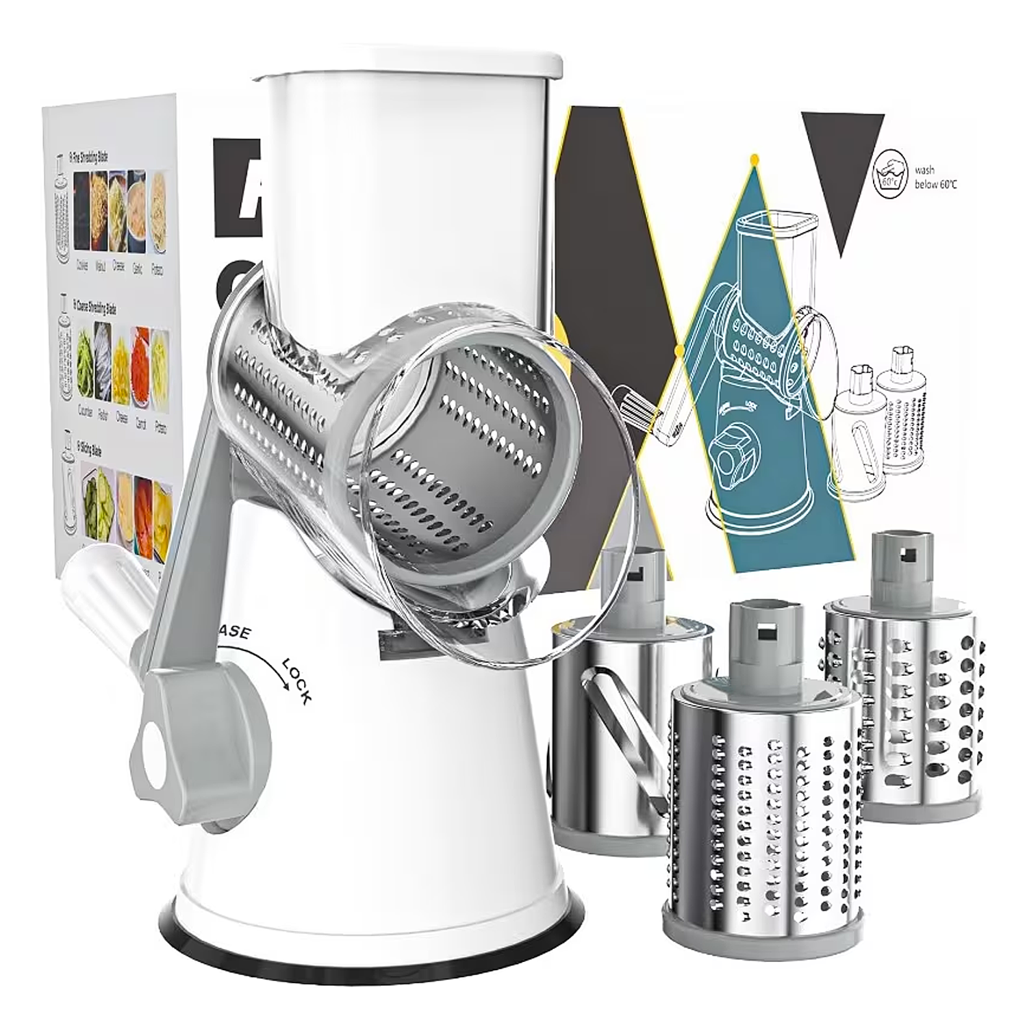 Rotary Cheese Grater & Vegetable Slicer with Strong Suction Base