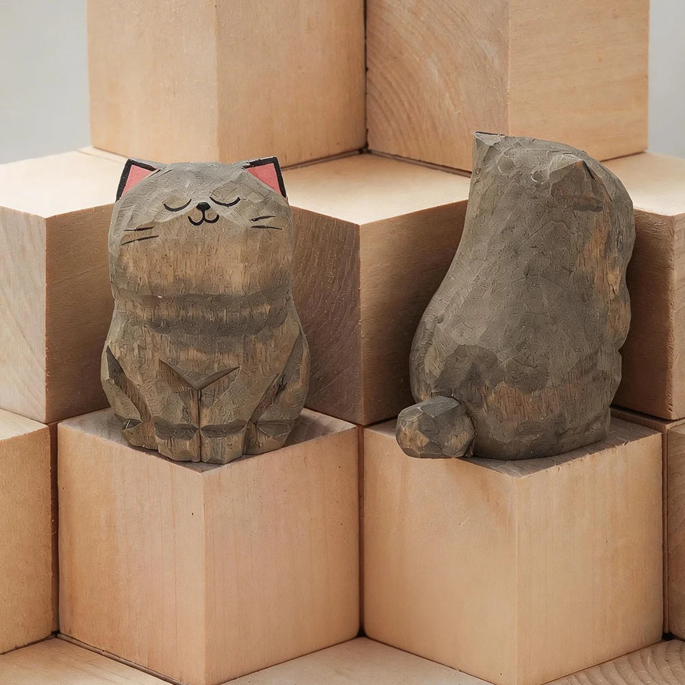 Handcrafted Wood Carving Kitten Statue - Cute Cat Desk Accessory & Figurine