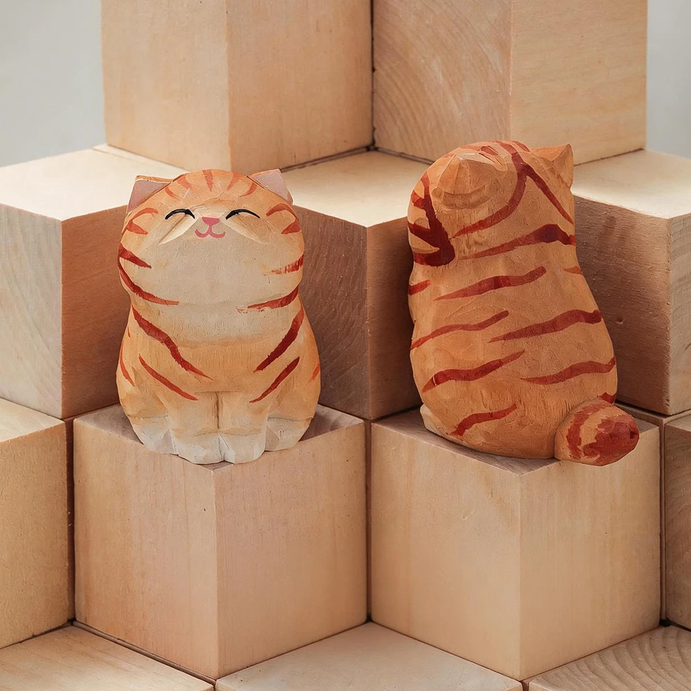 Handcrafted Wood Carving Kitten Statue - Cute Cat Desk Accessory & Figurine