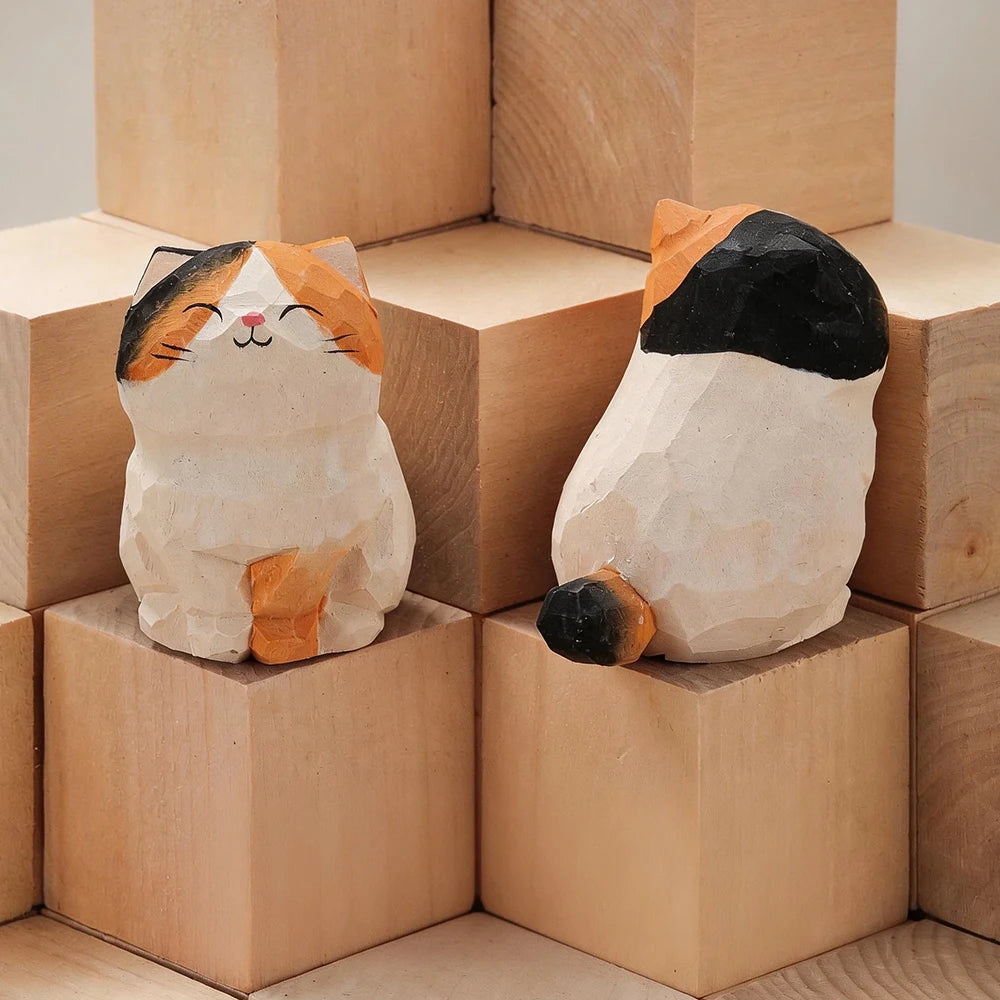 Handcrafted Wood Carving Kitten Statue - Cute Cat Desk Accessory & Figurine