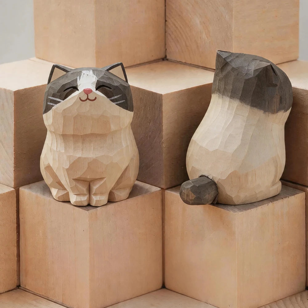Handcrafted Wood Carving Kitten Statue - Cute Cat Desk Accessory & Figurine