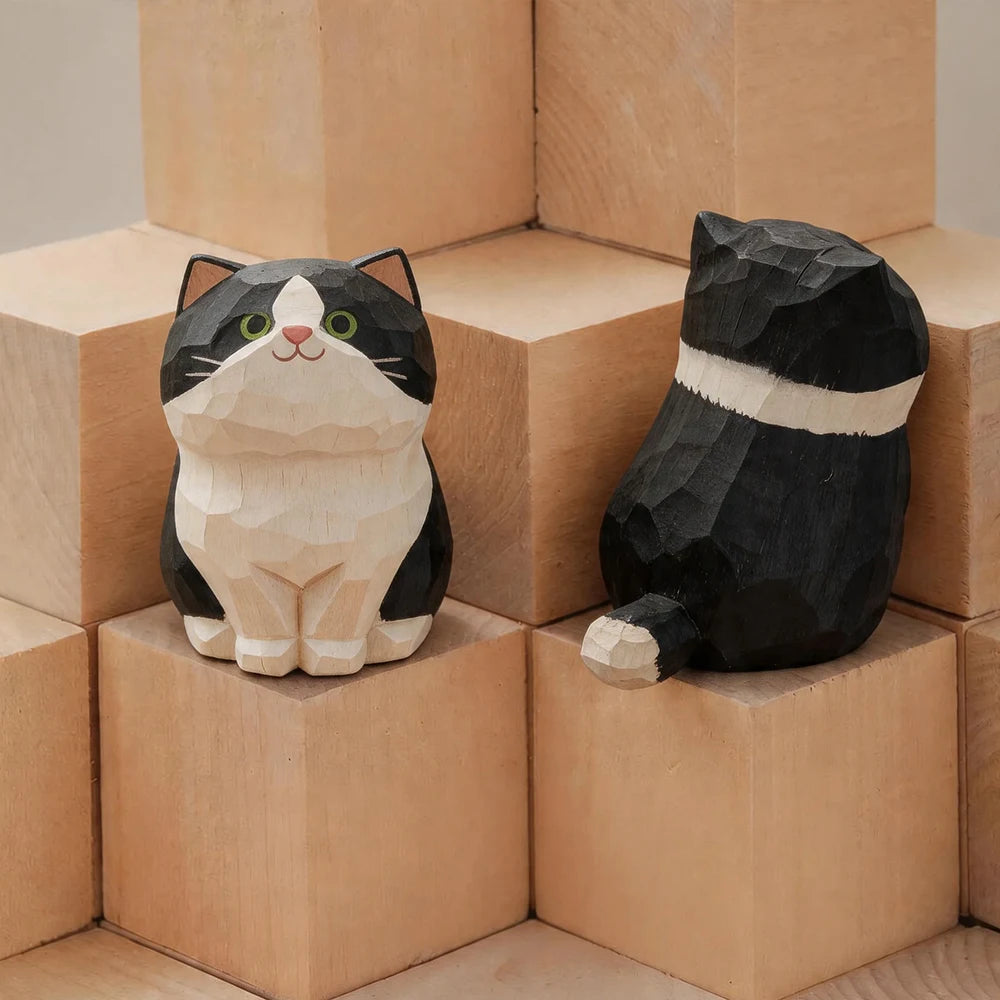 Handcrafted Wood Carving Kitten Statue - Cute Cat Desk Accessory & Figurine
