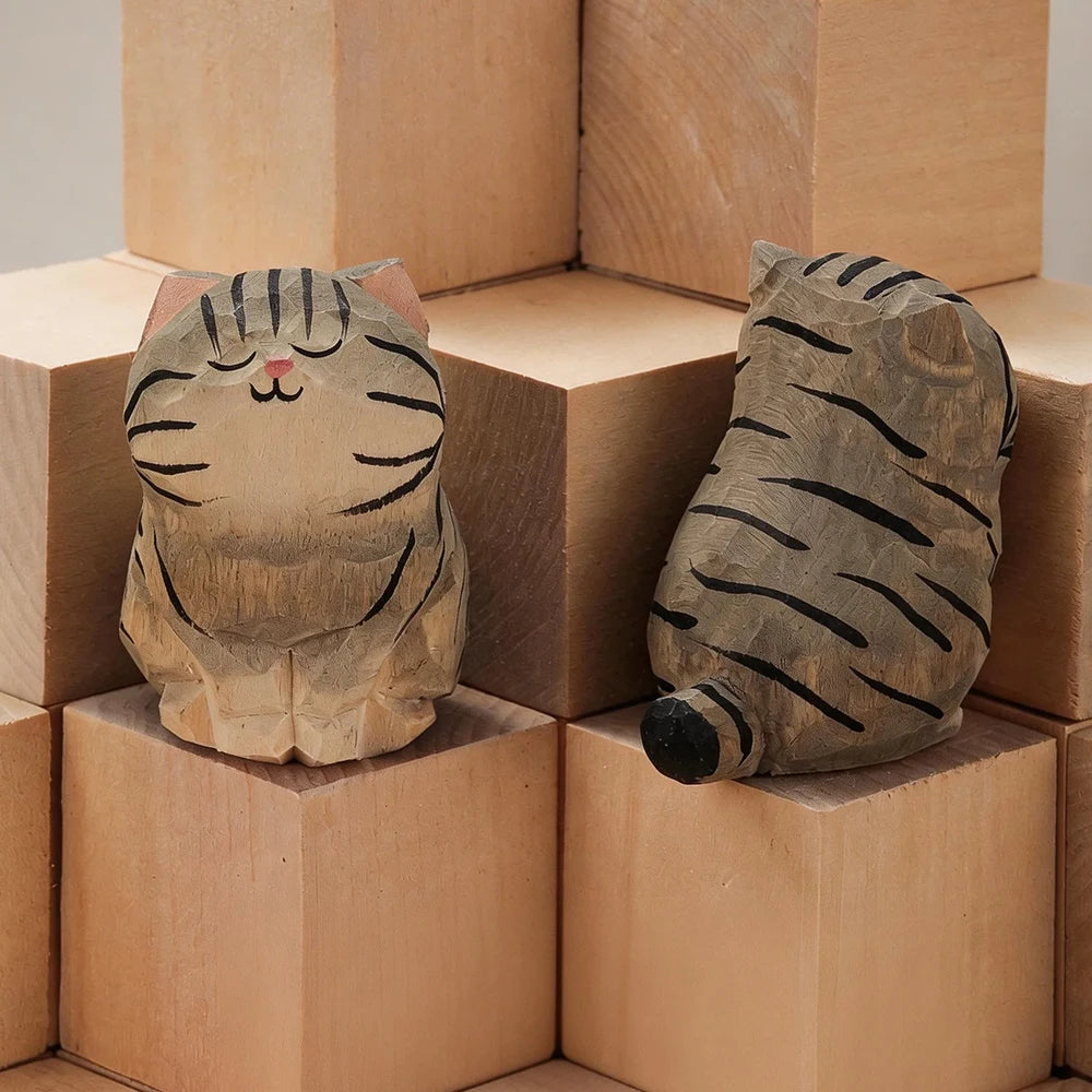 Handcrafted Wood Carving Kitten Statue - Cute Cat Desk Accessory & Figurine
