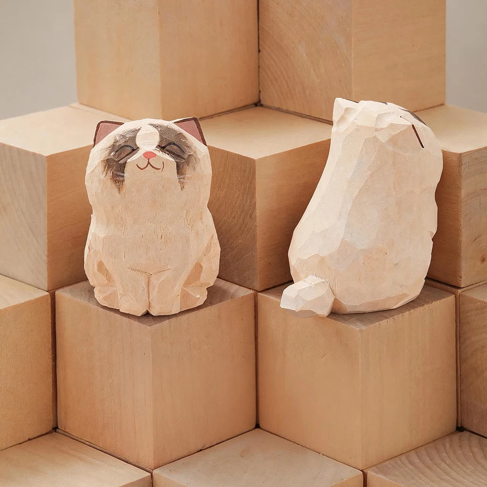 Handcrafted Wood Carving Kitten Statue - Cute Cat Desk Accessory & Figurine
