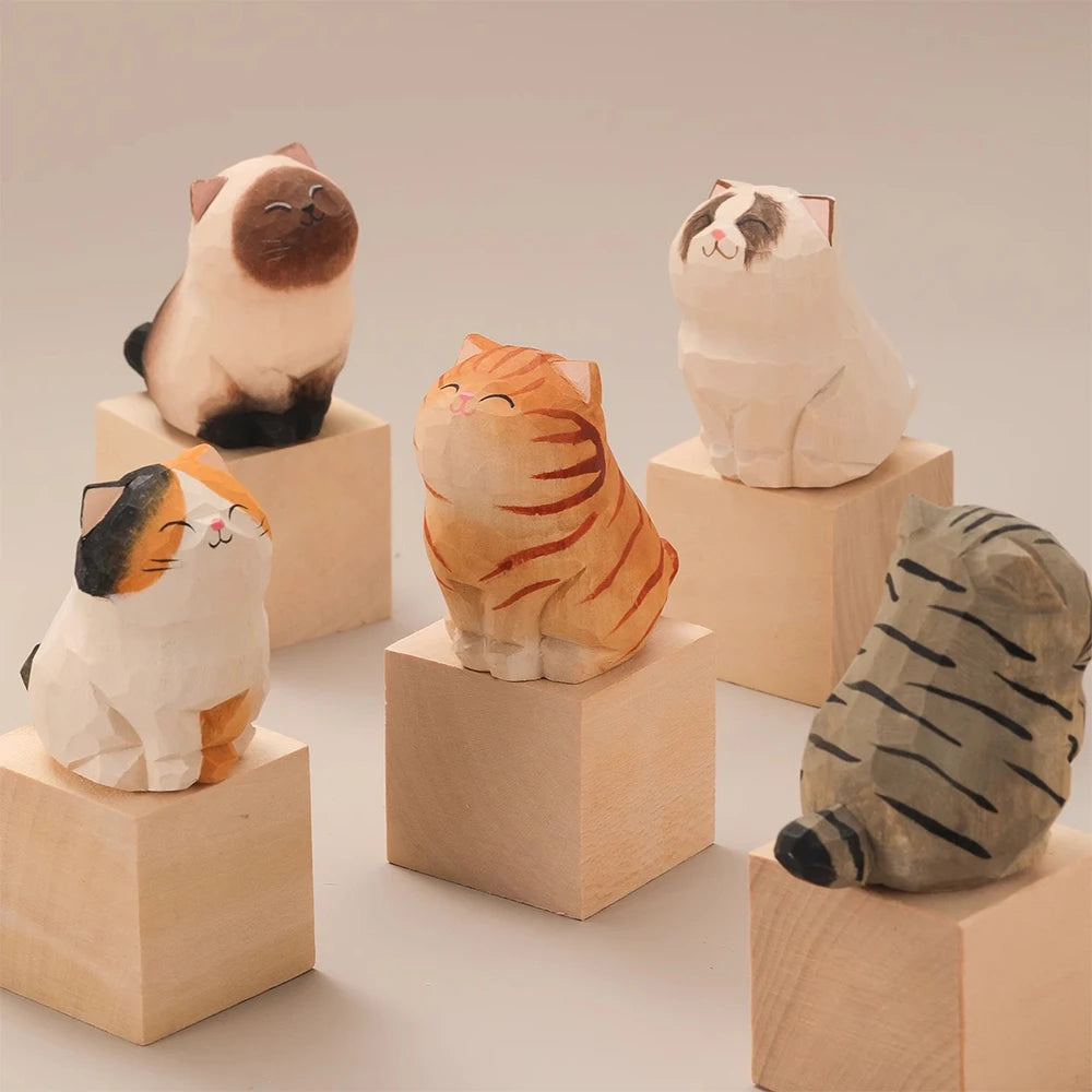 Handcrafted Wood Carving Kitten Statue - Cute Cat Desk Accessory & Figurine