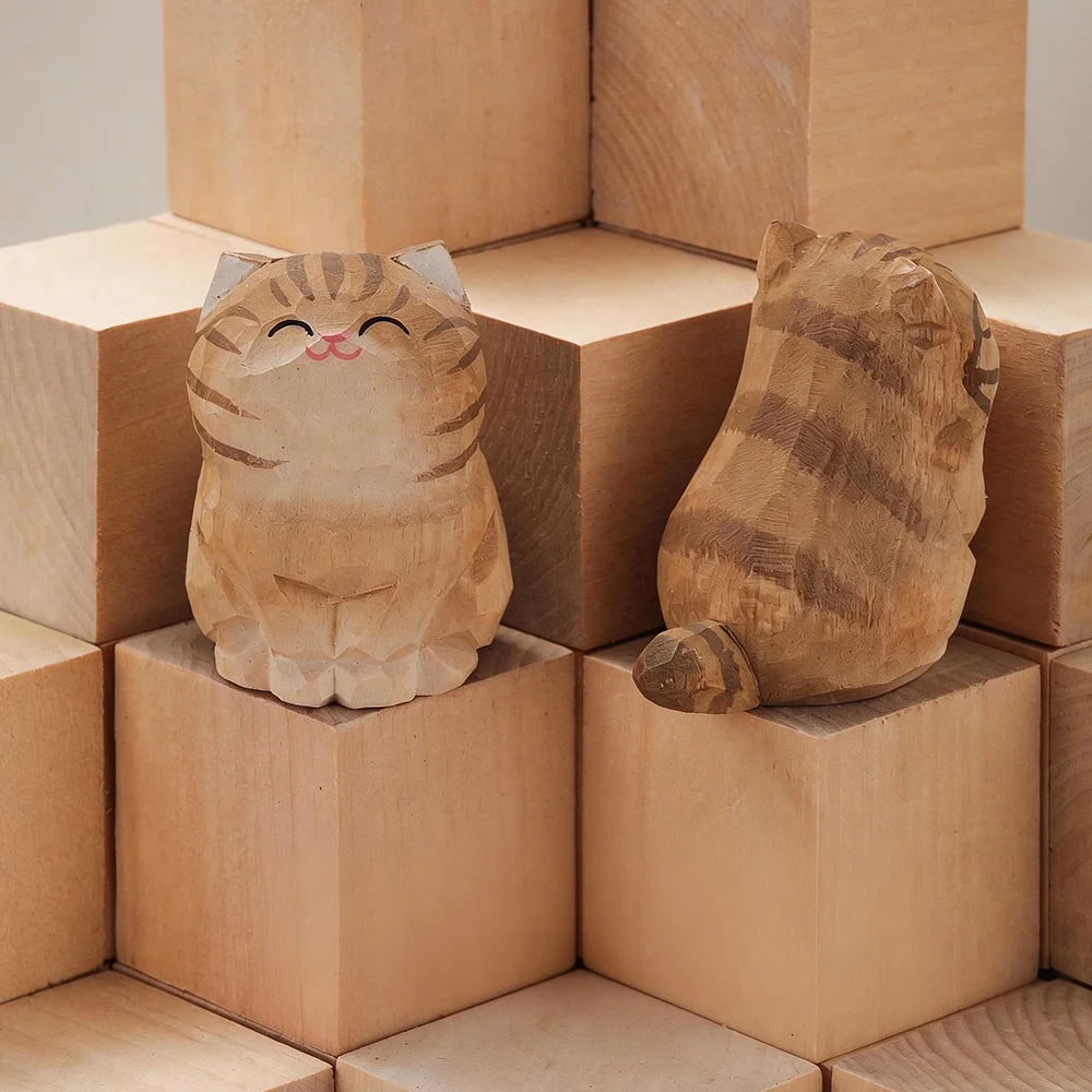 Handcrafted Wood Carving Kitten Statue - Cute Cat Desk Accessory & Figurine