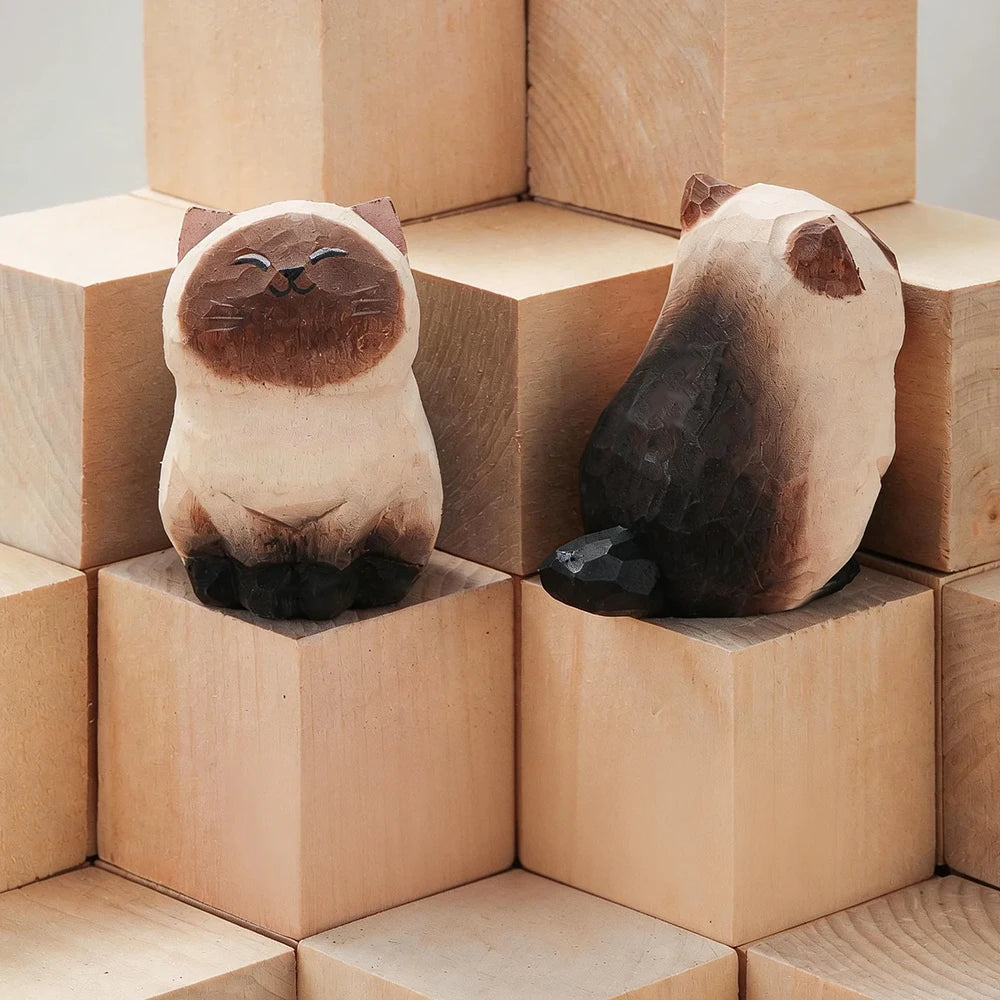 Handcrafted Wood Carving Kitten Statue - Cute Cat Desk Accessory & Figurine