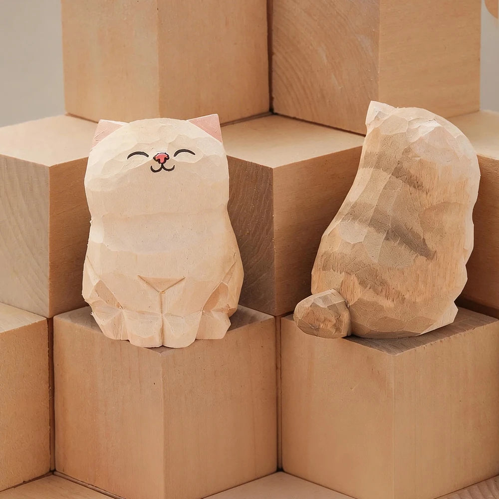Handcrafted Wood Carving Kitten Statue - Cute Cat Desk Accessory & Figurine