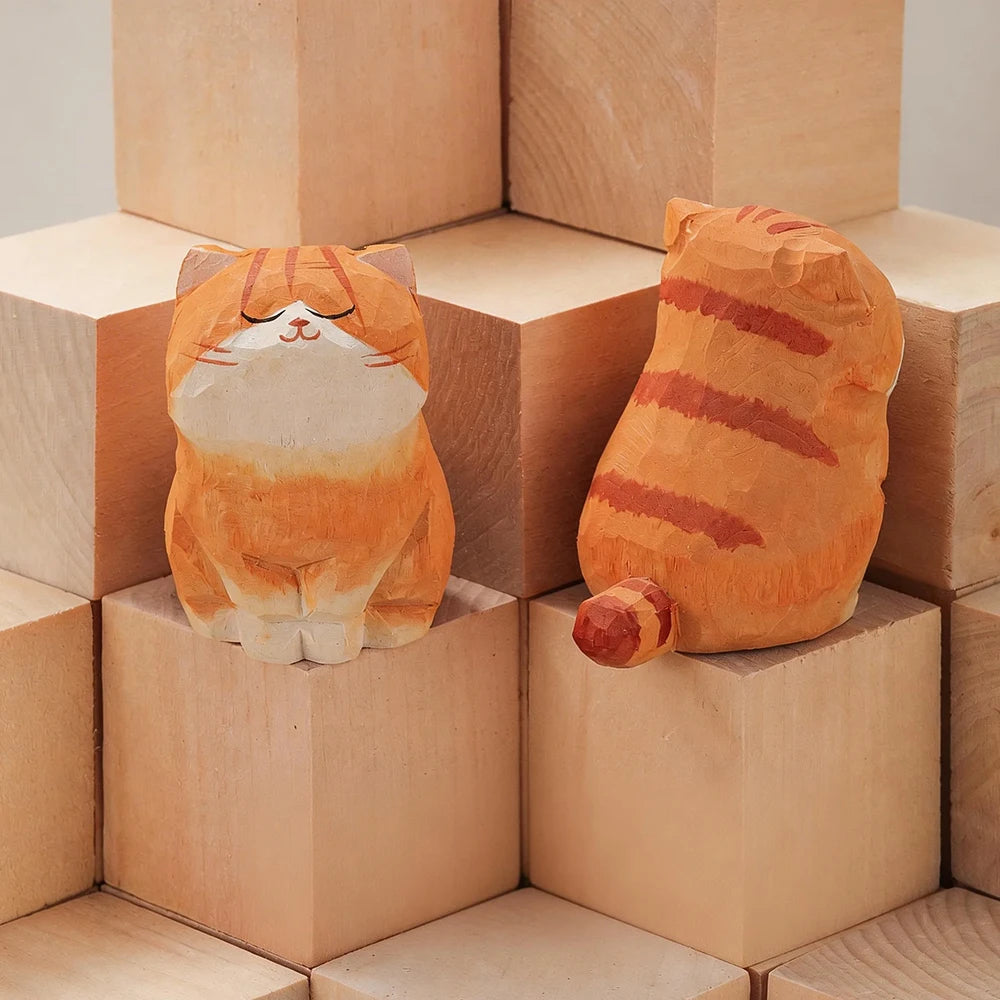 Handcrafted Wood Carving Kitten Statue - Cute Cat Desk Accessory & Figurine