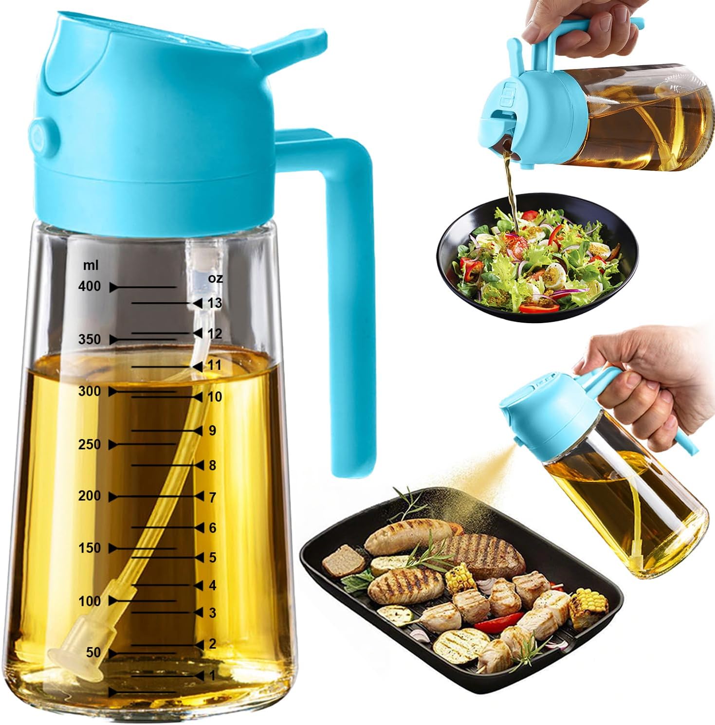 2 in 1 Olive Oil Sprayer & Dispenser - 16oz Glass Bottle for Cooking