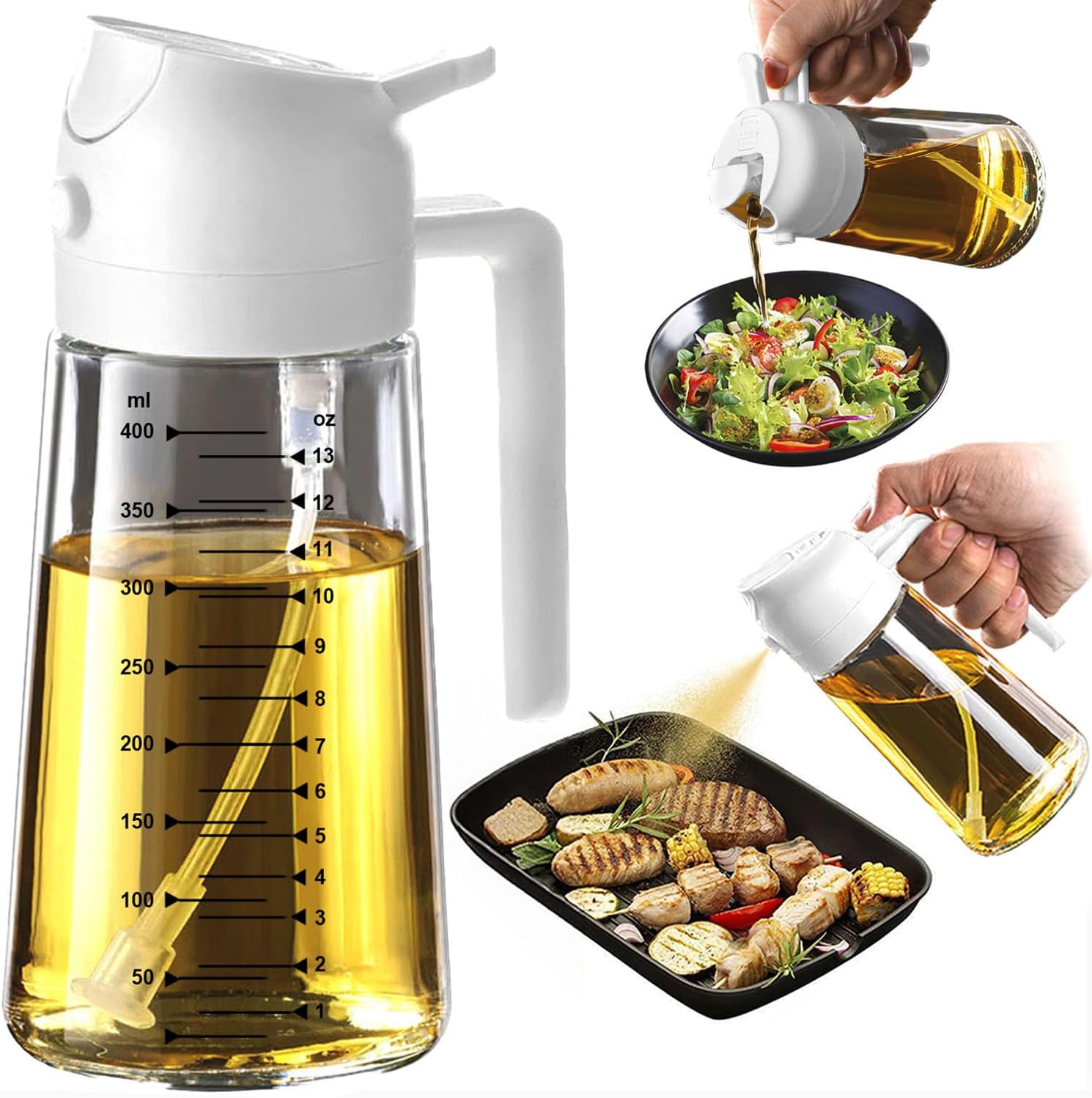 2 in 1 Olive Oil Sprayer & Dispenser - 16oz Glass Bottle for Cooking