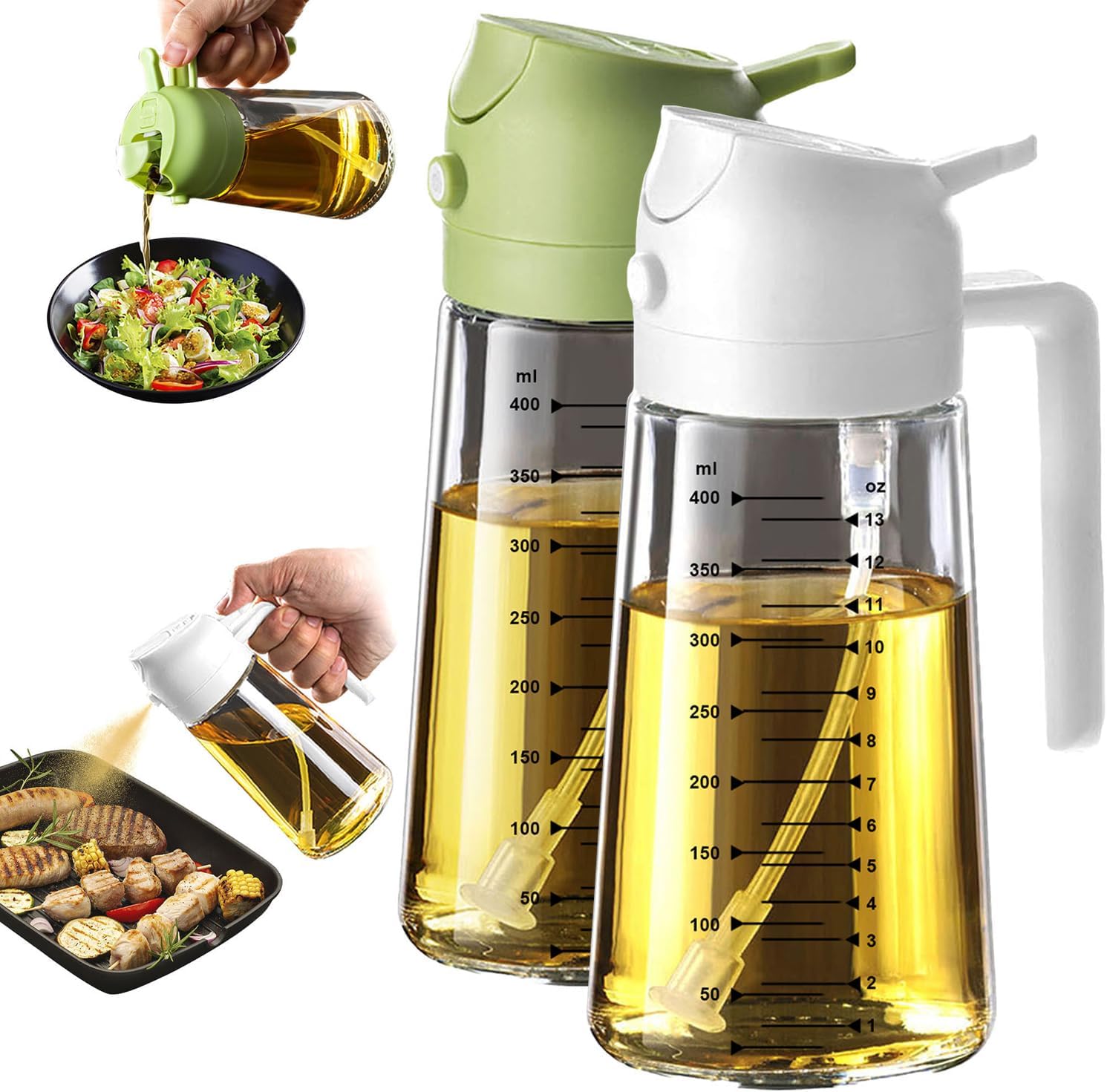 2 in 1 Olive Oil Sprayer & Dispenser - 16oz Glass Bottle for Cooking